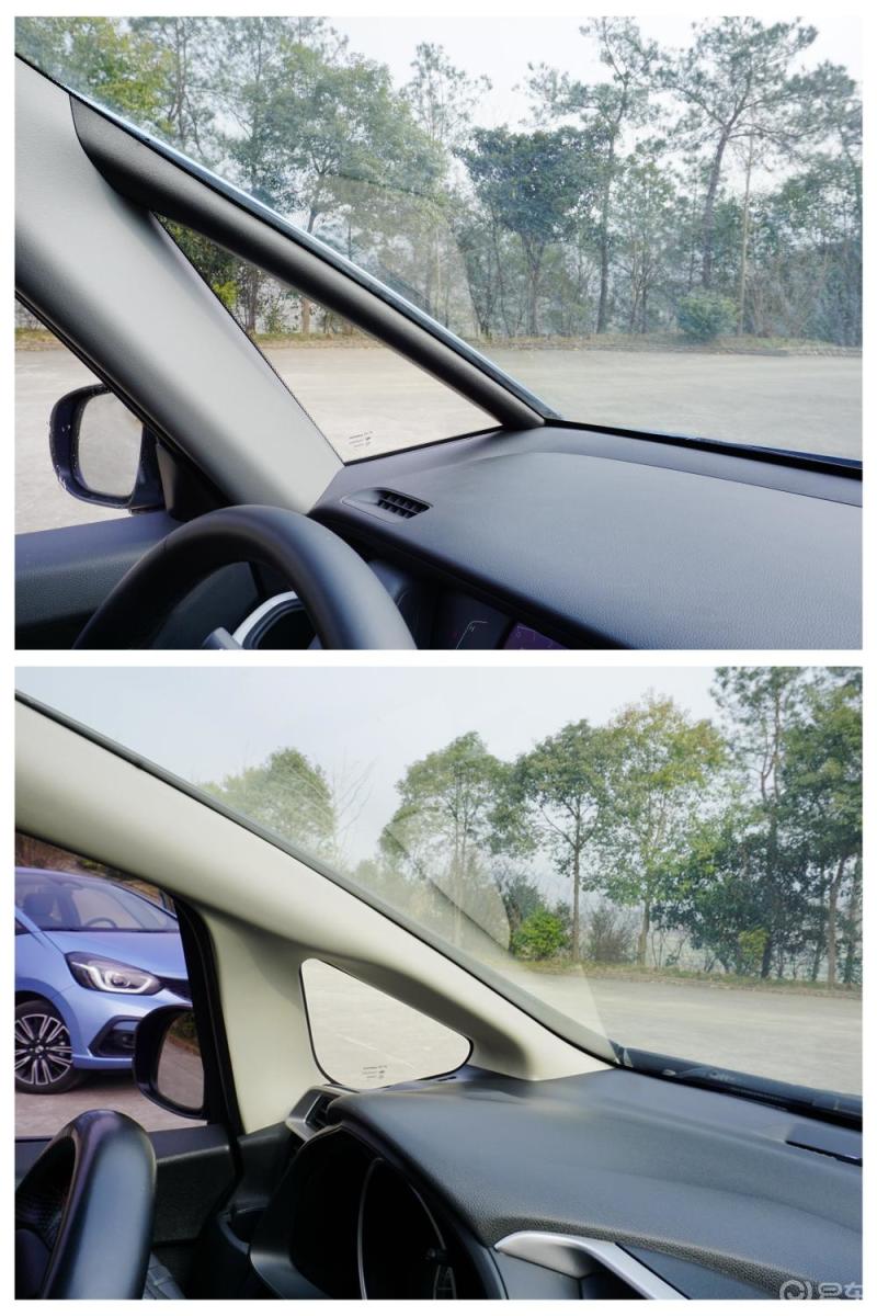 由超细前立柱与后方粗大的a柱组成了超大面积的小三角窗带全新飞度来