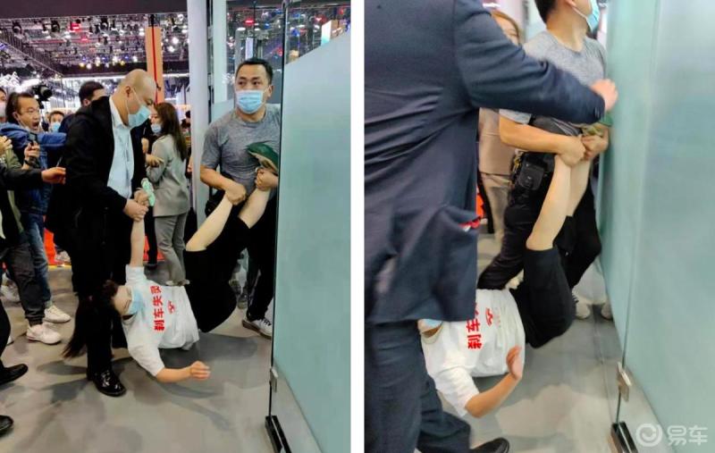 特斯拉展台变维权现场共有两位女士身穿刹车失灵字样t恤出现在特斯拉