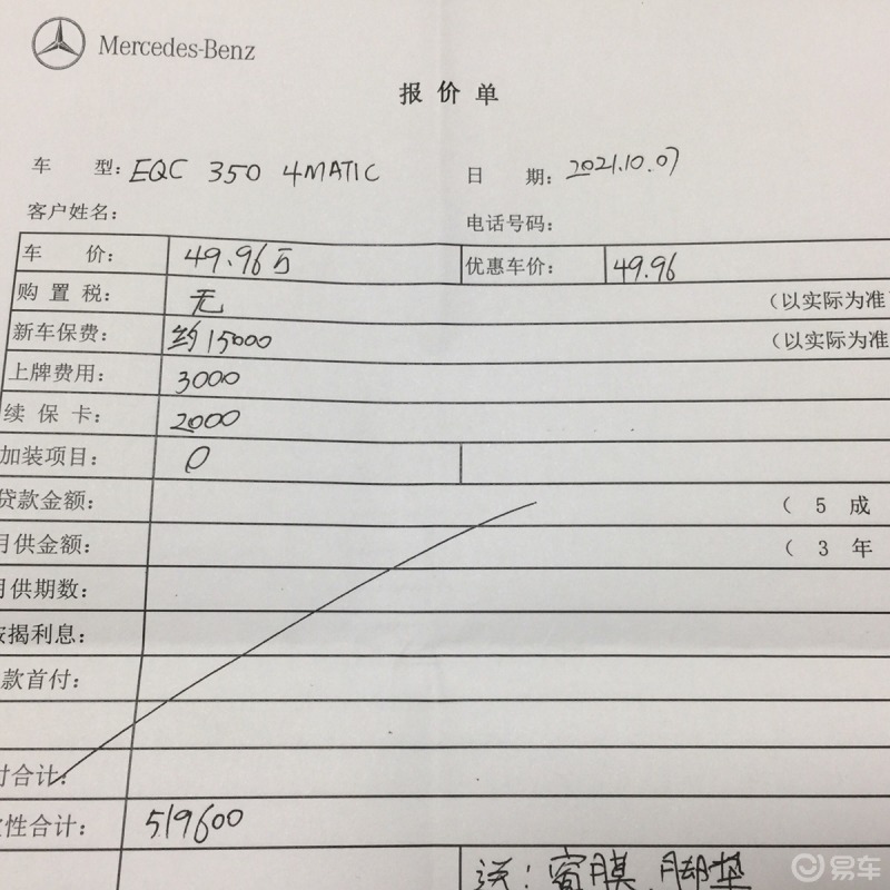 【晒报价单】车型:奔驰eqc车型配置:2021款 eqc 3504matic