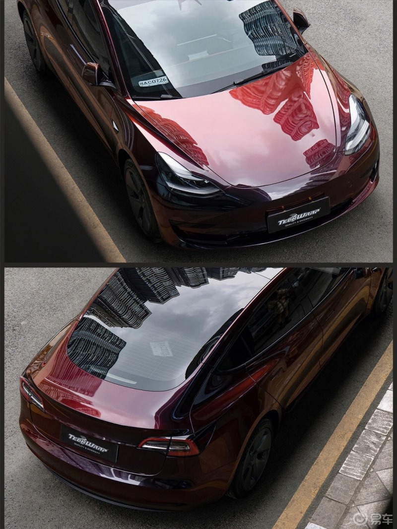 让人过目不忘的黑红渐变色特斯拉改色膜